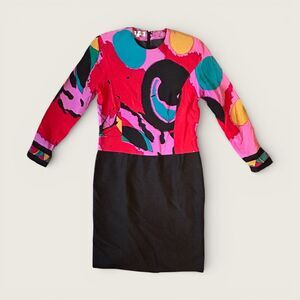 Vintage 90s Silk Dress Size 8 Abstract Colorblock Long Sleeve Midi
